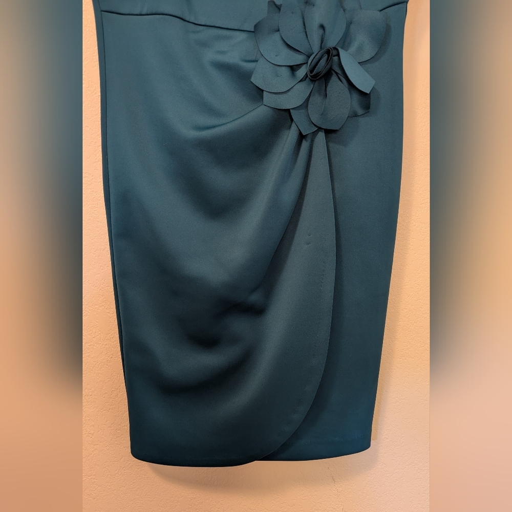 Shelby And Palmer Classic Teal Sheath Dress with Floral Accent - Picture 7 of 7